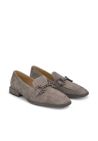 Graue Wildleder-Langschuhe mit flachem Absatz, die dekorative Steindetails an der Vorderseite aufweisen. Glatte Textur und abgerundetes Design.