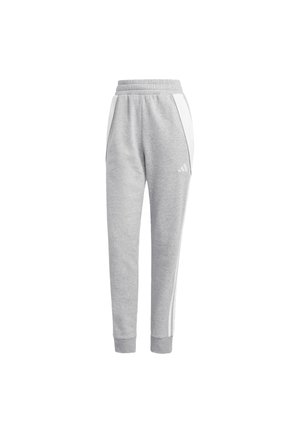 Jogging gris en tissu doux, avec des rayures blanches sur les côtés, une taille élastique et des poignets côtelés. Marquage discret sur la jambe avant.
