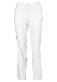 Białe spodnie cargo z płaskim przodem, dwoma bocznymi kieszeniami i zatrzaskowymi detalami. Wykonane z lekkiego materiału dla wygody, z prostym krojem nogawek.
