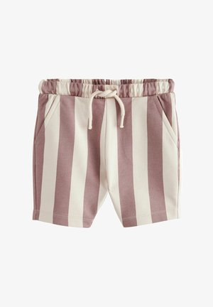 Svītrainas šorti mīkstā audumā ar gaiši rozā un krēmkrāsas svītrām, elastīga josta ar sasienamo auklu un sānu kabatām.