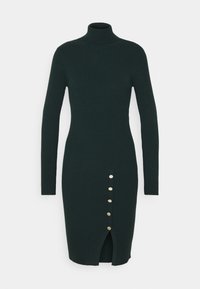 Vihreä ribbineulottu mekko, jossa on korkeakaulus, pitkät hihat, etulenkkileikkaus ja viisi kultaista nappikoristetta vasemmalla puolella.