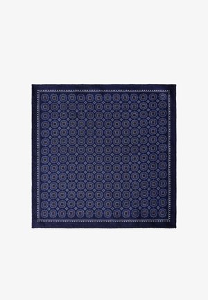 Navy blue rectangular fabric with a repeating pattern of light blue and white hexagonal shapes framed by a dotted border.