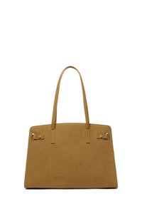 Tan faux leather tote bag with two shoulder straps, a structured shape, a front pocket, and metallic accents on the side.