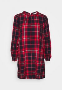 Rotes und marineblaues kariertes Kleid mit rundem Ausschnitt, langen Puffärmeln und Plissee-Details am Ausschnitt. Weicher Stoff mit lässiger Passform.