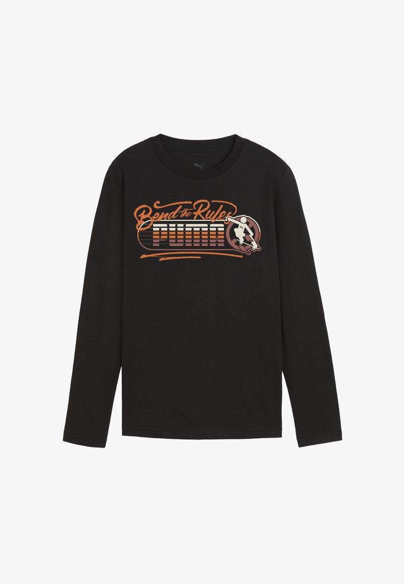 Schwarzes Langarmshirt mit grafischem Text "Bend the Rules" und einem Logo. Hergestellt aus weichem Material mit Rundhalsausschnitt und lockerer Passform.