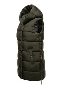 Maslinasto zelena puffa prsluk s kapuljačom, s quilted dizajnom, velikim prednjim džepovima i patentnim zatvaračem s kožnim detaljima.