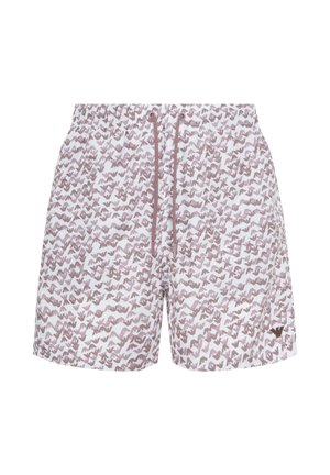 Witte zwembroek met lichtpaarse abstracte geometrische print en trekkoord in de taille, voorzien van een klein logo op het linker onderbeen.