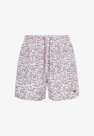 Pantaloncini da bagno bianchi con motivo geometrico astratto di colore viola chiaro e vita con coulisse, con piccolo logo sulla parte inferiore della gamba sinistra.