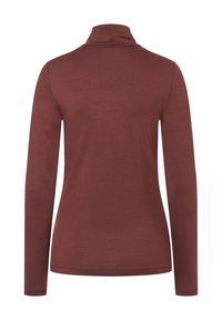 Langärmeliges, burgunderfarbenes Oberteil mit hohem Kragen und figurbetontem Schnitt. Hergestellt aus glattem, elastischem Material. Flache Nähte und keine sichtbaren Beschläge.