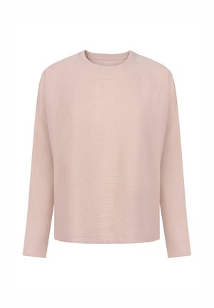 Lichtroze trui met lange mouwen en ronde hals, voorzien van een subtiel gestructureerd patroon, weergegeven op een witte achtergrond.