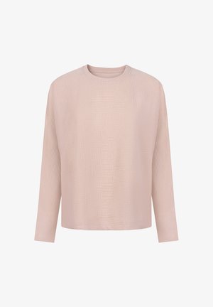 Lichtroze trui met lange mouwen en ronde hals, voorzien van een subtiel gestructureerd patroon, weergegeven op een witte achtergrond.