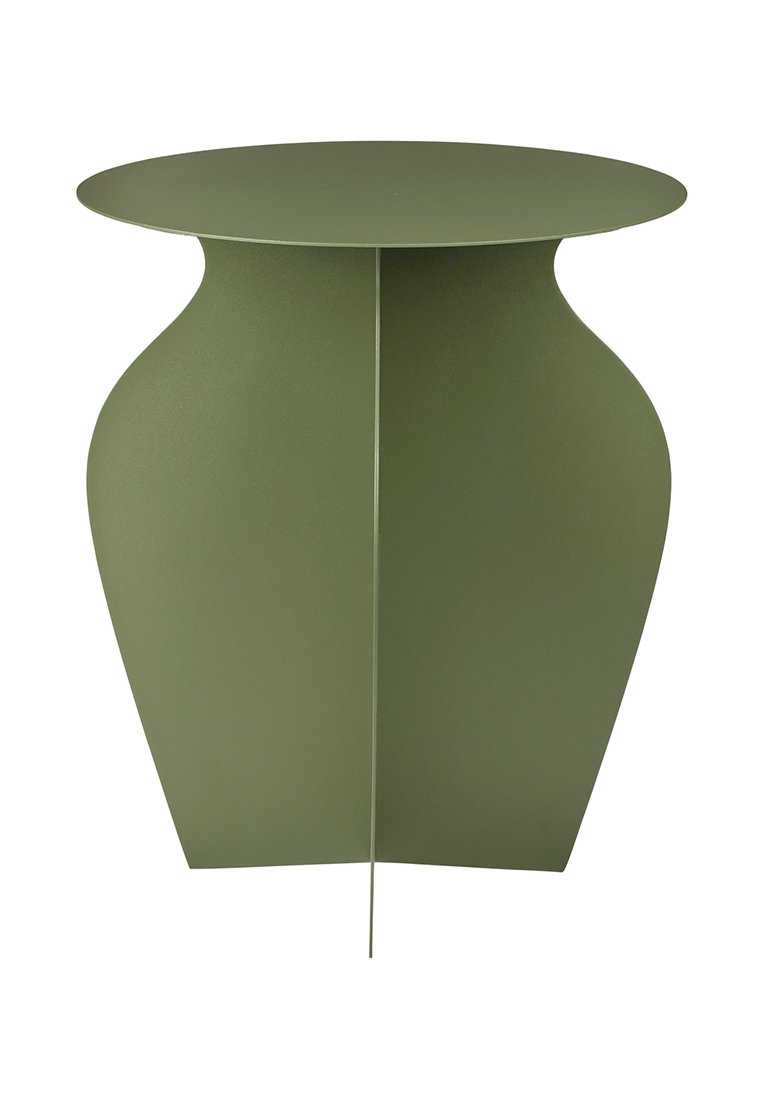 Grüner Metallbeistelltisch mit rundem Top, sanduhrförmigem Design und glatter Textur. Verfügt über eine einzelne zentrale Stütze und nahtloses Design.