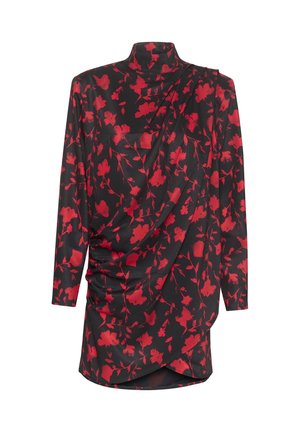 Fekete ruha piros virágmintával, hosszú ujjakkal, álló nyakkal, redőzött kialakítással, oldali redőzéssel, aszimmetrikus szegéllyel.