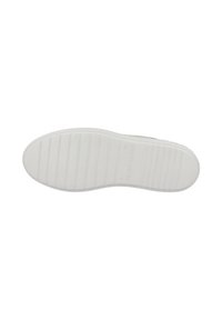 Suela de zapatilla blanca con ranuras horizontales, diseño plano, textura suave y lettering de marca en relieve.