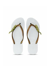White rubber flip-flops with textured soles, brown straps, and a green lizard design accent on each strap. Size EUR 37/38.