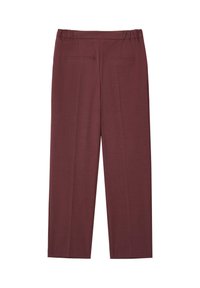 Bordeauxrote Hose mit lockerer Passform, elastischem Bund und zwei Gesäßtaschen. Hergestellt aus einem glatten Stoff mit einer subtilen Textur.