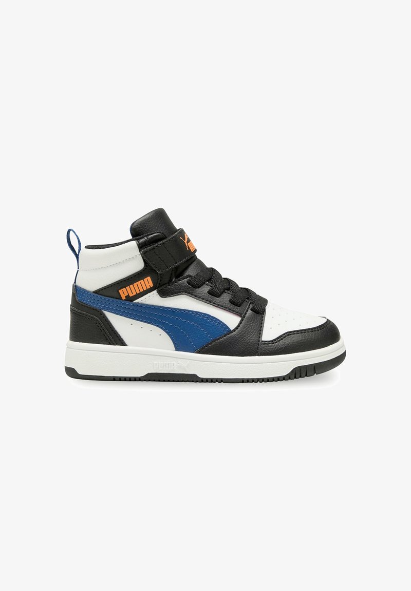 Schwarz-weiße High-Top-Sneaker mit blauen Akzenten. Aus Leder, mit gepolstertem Kragen, perforierter Zehenkappe und Klettverschluss.