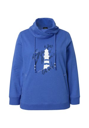 Felpa blu a maniche lunghe con cappuccio a collo ampio, coulisse, tasche anteriori e grafica di un faro bianco sul petto.