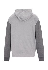 Kapuzenpullover mit grauem Körper und dunkelgrauen Ärmeln, aus weichem Stoff mit glatter Textur und schlichtem Design.