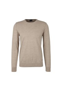 Pull beige à col rond en tissu doux. Présente des manches longues, des poignets et un ourlet côtelés. Design simple, sans ornement.