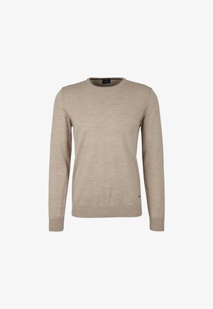 Pull beige à col rond en tissu doux. Présente des manches longues, des poignets et un ourlet côtelés. Design simple, sans ornement.