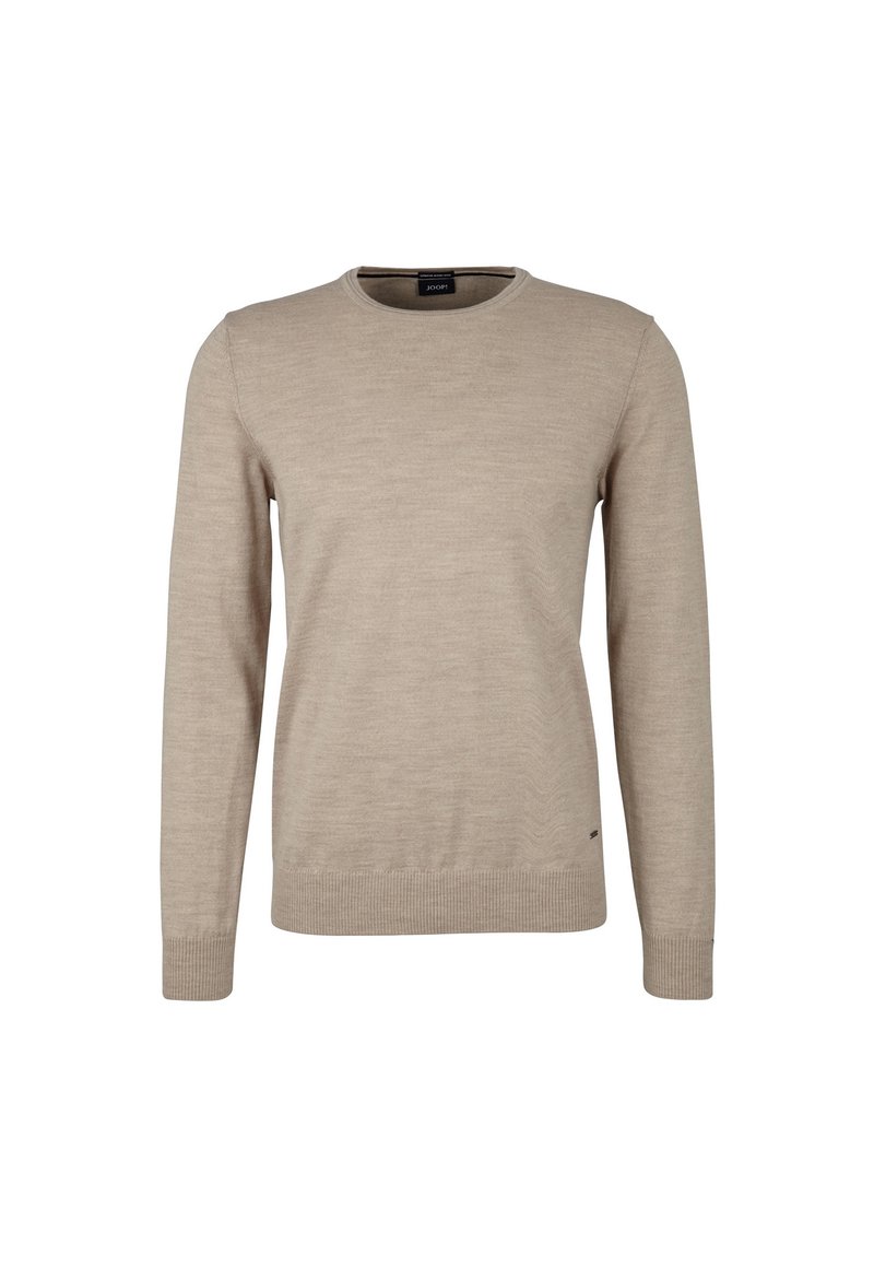 Pull beige à col rond en tissu doux. Présente des manches longues, des poignets et un ourlet côtelés. Design simple, sans ornement.