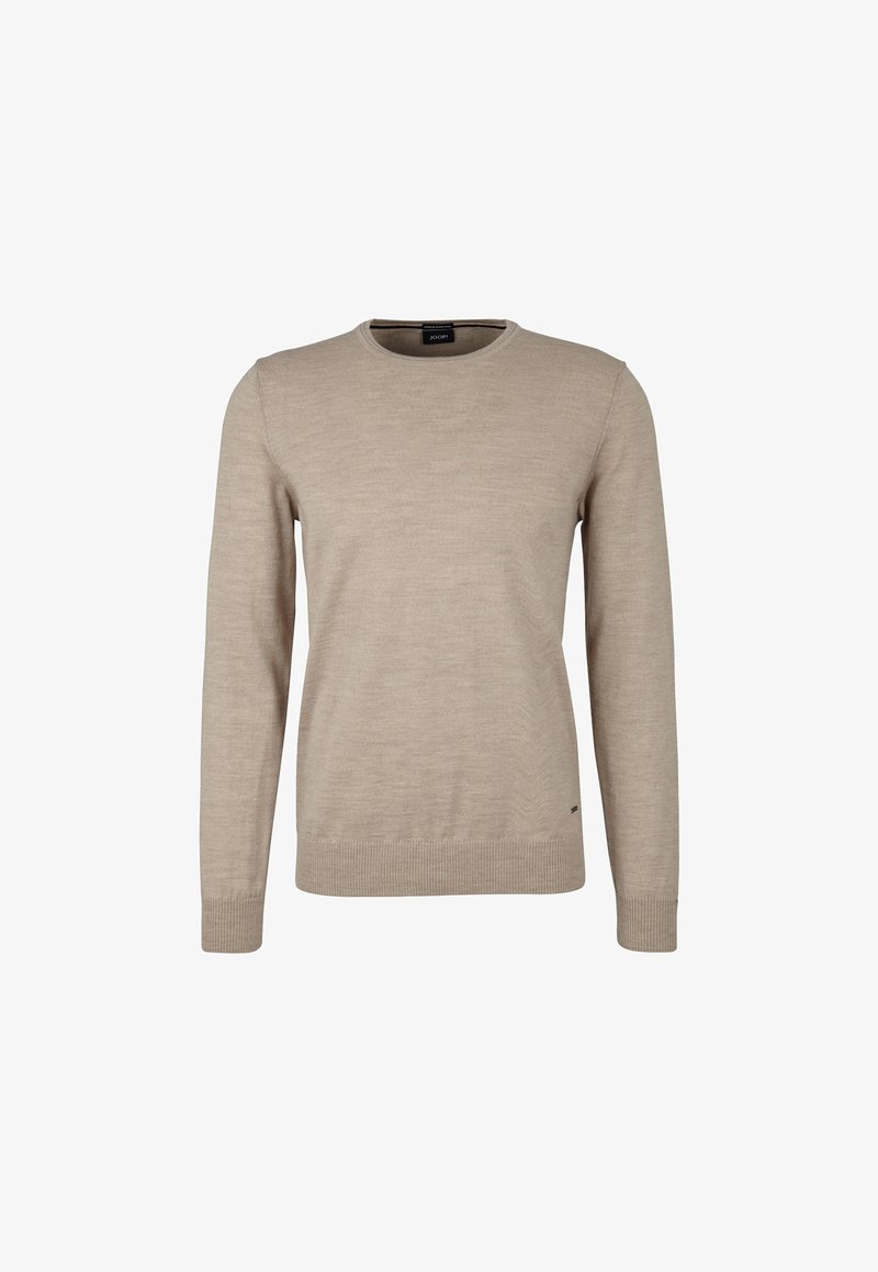 Pull beige à col rond en tissu doux. Présente des manches longues, des poignets et un ourlet côtelés. Design simple, sans ornement.