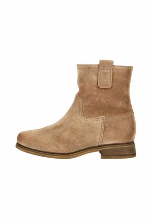 Wildleder-Ankle-Boots in Hellbraun mit runder Zehenform, dezenten Nähten und einer Schlaufe an der Rückseite. Niedriger Blockabsatz und glatte Sohle.