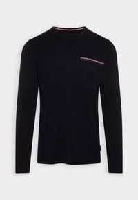 Schwarz langärmliges T-Shirt mit Rundhalsausschnitt und dezentem, rot-weißen gesticktem Muster über der Brust. Weicher Baumwollstoff.