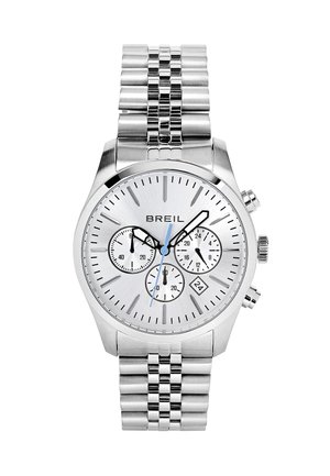 Orologio in acciaio inox argentato con quadrante rotondo, tre sottodial, visualizzazione della data e bracciale a maglie testurizzate. Accenti blu sulle lancette.