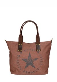 Borsa a tracolla in tela marrone con manici marroni scuri, caratterizzata da un motivo stampato di stelle e testo, rinforzata con dettagli in metallo color ottone.