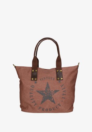 Borsa a tracolla in tela marrone con manici marroni scuri, caratterizzata da un motivo stampato di stelle e testo, rinforzata con dettagli in metallo color ottone.