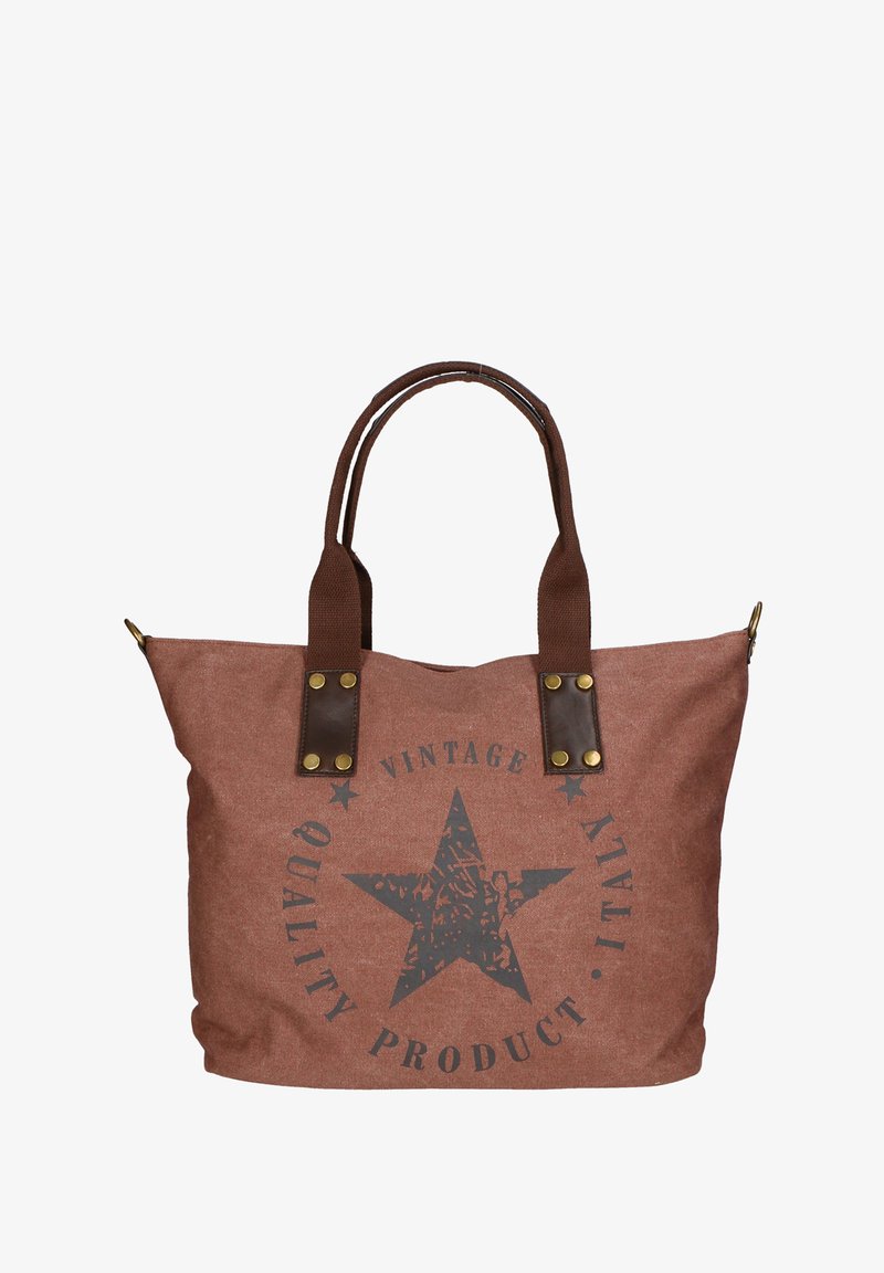 Borsa a tracolla in tela marrone con manici marroni scuri, caratterizzata da un motivo stampato di stelle e testo, rinforzata con dettagli in metallo color ottone.