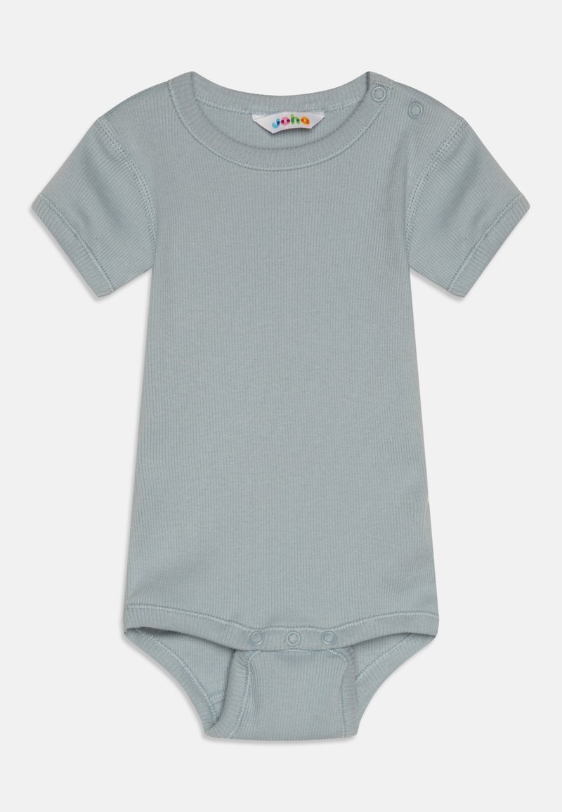 Šviesiai mėlynas trumpomis rankovėmis bodis, pagamintas iš raukšlėtos medžiagos, su apvaliu iškirpimu ir spaudėmis prie peties bei apačios.