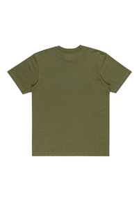 Olive green t-shirt with short sleeves, round neck, and a soft, textured fabric. Plain back without graphics or patterns.