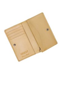 Tan leather wallet with multiple card slots, a secure snap closure, smooth texture, and embossed branding on the inner side.