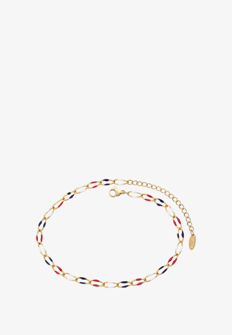 Gouden ketting met ovale schakelstukken, afgewisseld met rode, witte en blauwe emaille accenten. Voorzien van een karabijnsluiting en een verlengkettinkje.