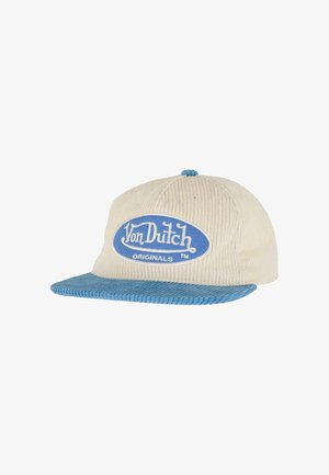 Beige kordbársony sapka kék karimával és gombbal, az elején egy kék ovális folttal, rajta fehér "Von Dutch Originals" logóval.