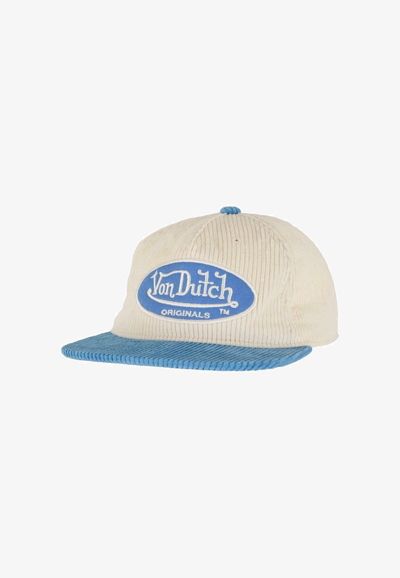 Bežs korduroja cepure ar zilu maliņu un pogu, kurai priekšpusē ir zils ovāls uzlīme ar baltu "Von Dutch Originals" logo.
