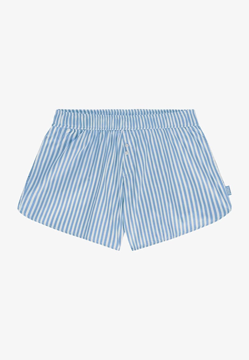 Blå och vita randiga shorts med elastisk midja, två knappar framtill och en avslappnad passform. Tyget verkar slätt med en lätt textur.