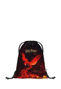 Taška na šňůrku s černým pozadím, červeným fénixem (Fawkes) a zlatým textem "Harry Potter" s ohnivými akcenty na spodní části.