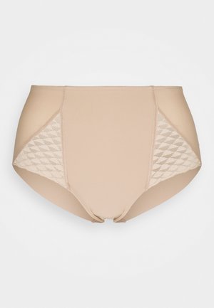 Beige high-waisted briefs with a smooth fabric, featuring lace side panels in a diamond pattern, and a soft elastic waistband.