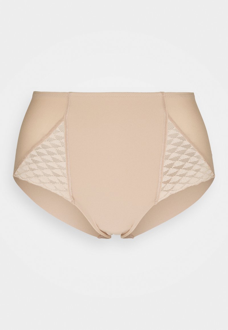 Cuecas bege de cintura alta com um tecido suave, apresentando painéis laterais em renda com padrão de diamante e uma cinta elástica macia.