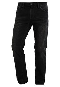 Pantalones vaqueros de mezclilla negra con un corte ajustado, diseño de cinco bolsillos y costuras en contraste. Presentan un cierre de botón y cremallera en la cintura.