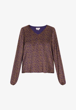 Pitkähihaista, violettia paitaa, jossa on V-kaula-aukko; siinä on kultainen kukkakuosi kauttaaltaan ja rento istuvuus, jossa on joustavat hihansuut.