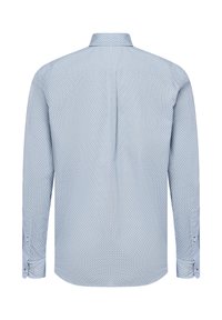 Camicia a maniche lunghe azzurro chiaro, decorata con piccoli esagoni, con colletto classico e polsini a bottoni, realizzata in tessuto intrecciato.