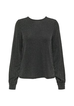 Czarna bluzka z długim rękawem o fakturowanym wzorze w kształcie diamentu, z okrągłym dekoltem i dopasowanymi mankietami. Tkanina zawiera metaliczne nici, które nadają subtelny połysk.