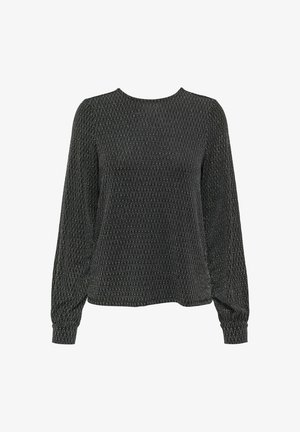 Czarna bluzka z długim rękawem o fakturowanym wzorze w kształcie diamentu, z okrągłym dekoltem i dopasowanymi mankietami. Tkanina zawiera metaliczne nici, które nadają subtelny połysk.