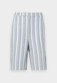 Shorts rayés en bleu et blanc, fabriqués à partir d'un tissu léger. Dotés d'une taille avec un bouton et d'une silhouette droite.