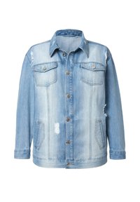 Vaaleansininen farkkutakki, jossa on rento leikkaus, kahdella rintataskulla, kuluneita yksityiskohtia ja hopeanväriset napit.